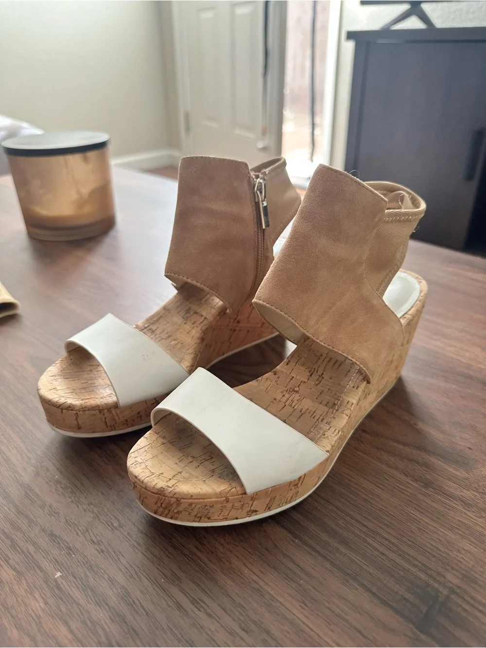 Pelle Moda Tan Suede and White Cork Wedge Heels Size 7